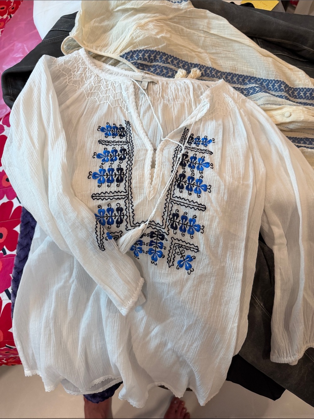 Joie White Gauze Tunic with Blue Embroidery